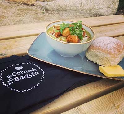 Soup with bread served by The Cornish Barista